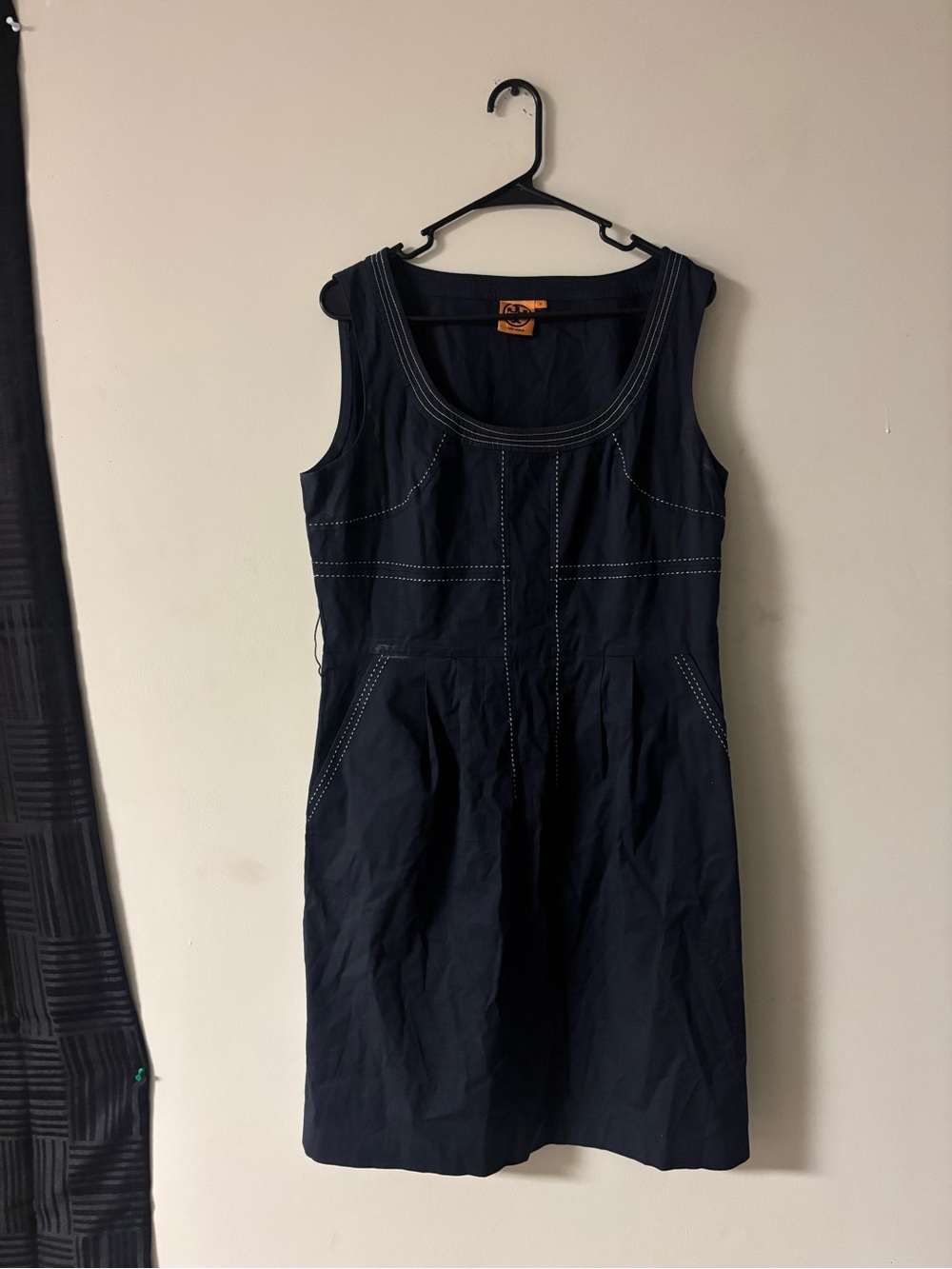 Tory Burch Black Dress Sz 12 Pockets Contrast Stitching FLAWED/STAINS